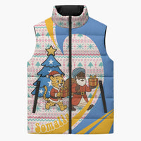 Somalia Christmas Sleeveless Puffer Jacket with Santa Cheetah Christmas Tree Village Scene and Festive Snowflake - Wonder Print Shop
