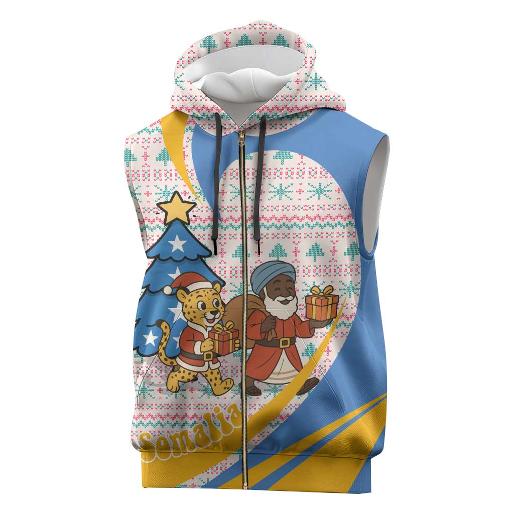 Somalia Christmas Sleeveless Zip Hoodie with Santa Cheetah Christmas Tree Village Scene and Festive Snowflake - Wonder Print Shop