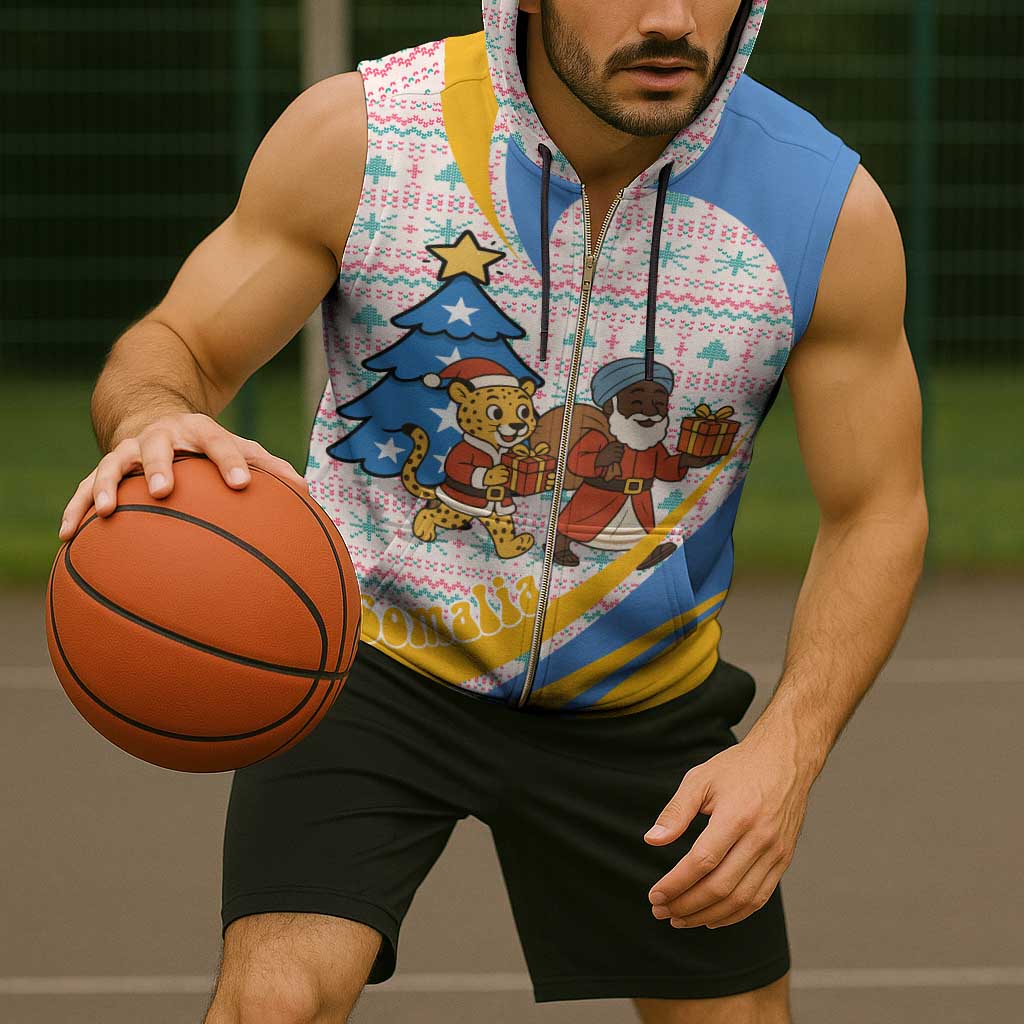 Somalia Christmas Sleeveless Zip Hoodie with Santa Cheetah Christmas Tree Village Scene and Festive Snowflake - Wonder Print Shop