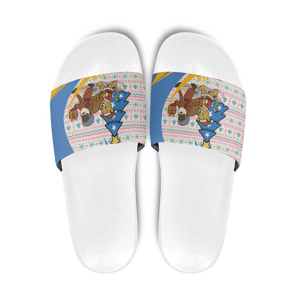 Somalia Christmas Slide Sandals with Santa Cheetah Christmas Tree Village Scene and Festive Snowflake - Wonder Print Shop