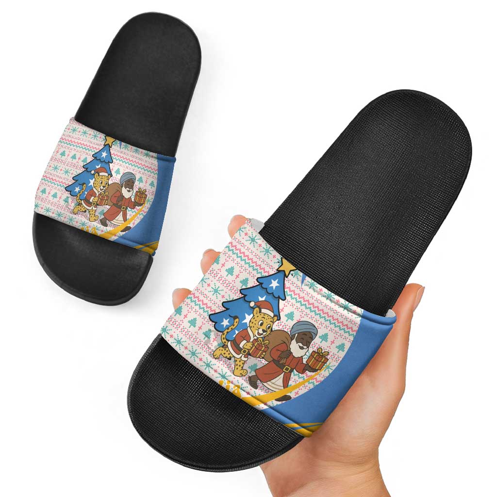 Somalia Christmas Slide Sandals with Santa Cheetah Christmas Tree Village Scene and Festive Snowflake - Wonder Print Shop