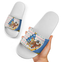 Somalia Christmas Slide Sandals with Santa Cheetah Christmas Tree Village Scene and Festive Snowflake - Wonder Print Shop