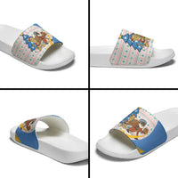 Somalia Christmas Slide Sandals with Santa Cheetah Christmas Tree Village Scene and Festive Snowflake - Wonder Print Shop