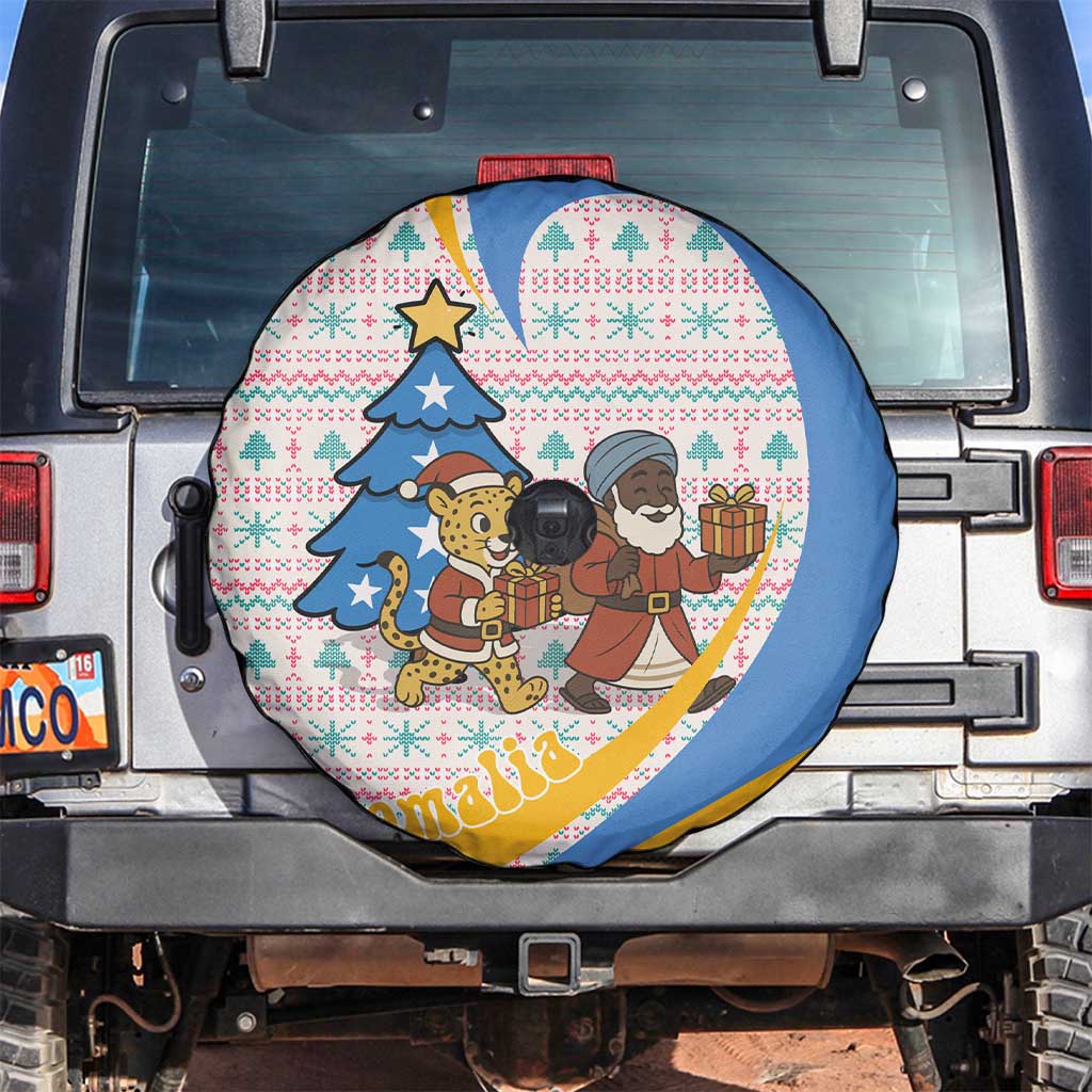 Somalia Christmas Spare Tire Cover with Santa Cheetah Christmas Tree Village Scene and Festive Snowflake - Wonder Print Shop