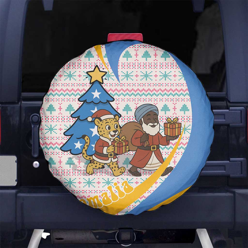 Somalia Christmas Spare Tire Cover with Santa Cheetah Christmas Tree Village Scene and Festive Snowflake - Wonder Print Shop