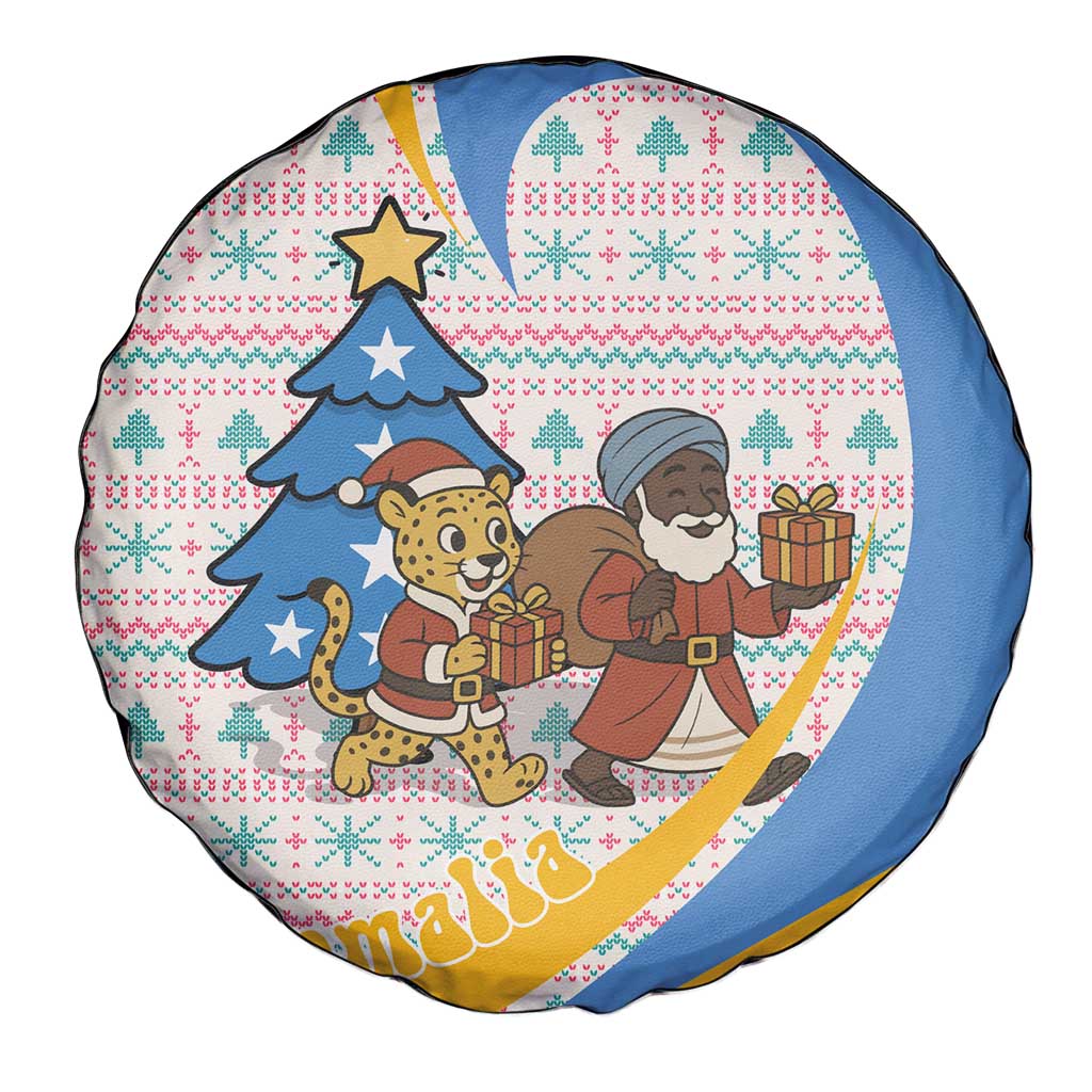 Somalia Christmas Spare Tire Cover with Santa Cheetah Christmas Tree Village Scene and Festive Snowflake - Wonder Print Shop