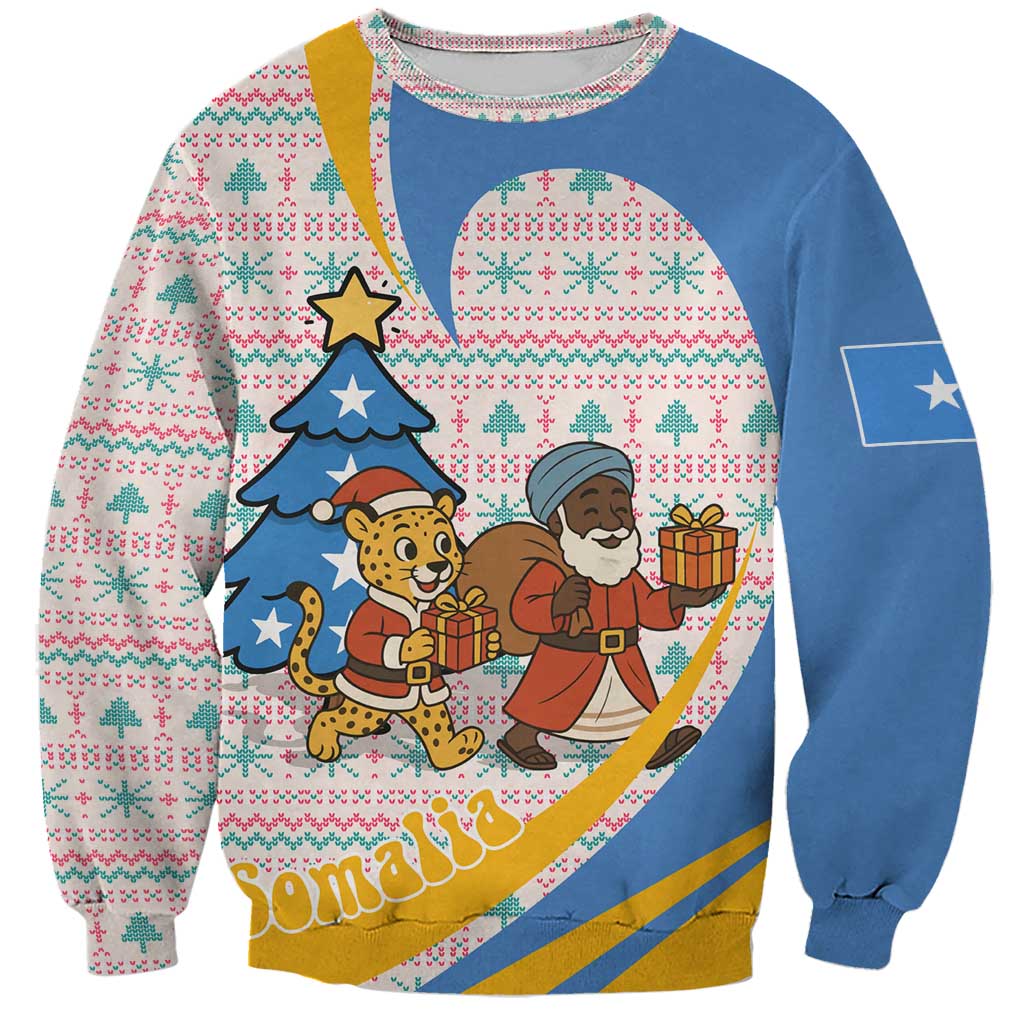 Somalia Christmas Sweatshirt with Santa Cheetah Christmas Tree Village Scene and Festive Snowflake - Wonder Print Shop