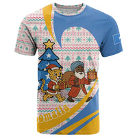 Somalia Christmas T Shirt with Santa Cheetah Christmas Tree Village Scene and Festive Snowflake - Wonder Print Shop