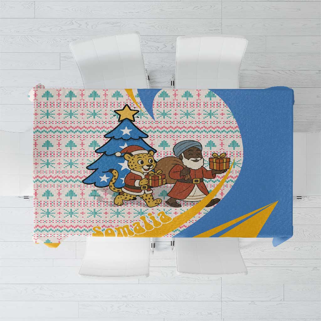 Somalia Christmas Tablecloth with Santa Cheetah Christmas Tree Village Scene and Festive Snowflake - Wonder Print Shop
