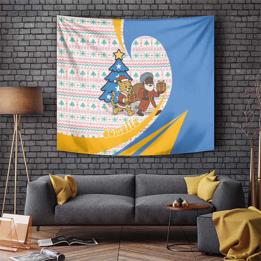 Somalia Christmas Tapestry with Santa Cheetah Christmas Tree Village Scene and Festive Snowflake - Wonder Print Shop
