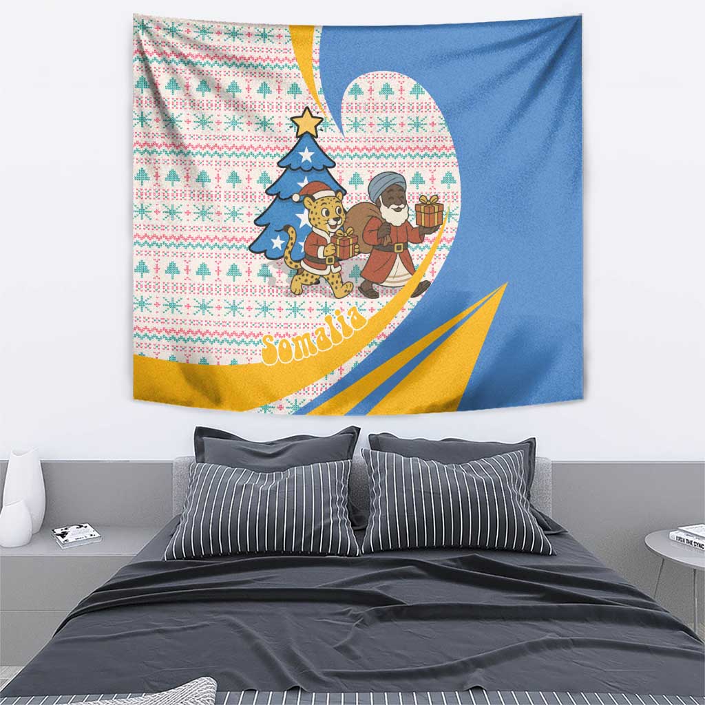 Somalia Christmas Tapestry with Santa Cheetah Christmas Tree Village Scene and Festive Snowflake - Wonder Print Shop