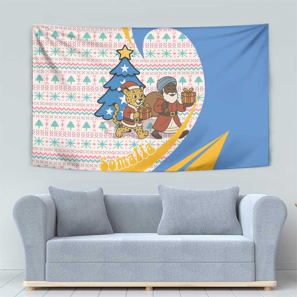 Somalia Christmas Tapestry with Santa Cheetah Christmas Tree Village Scene and Festive Snowflake - Wonder Print Shop