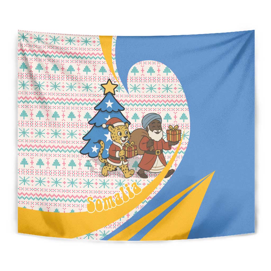 Somalia Christmas Tapestry with Santa Cheetah Christmas Tree Village Scene and Festive Snowflake - Wonder Print Shop