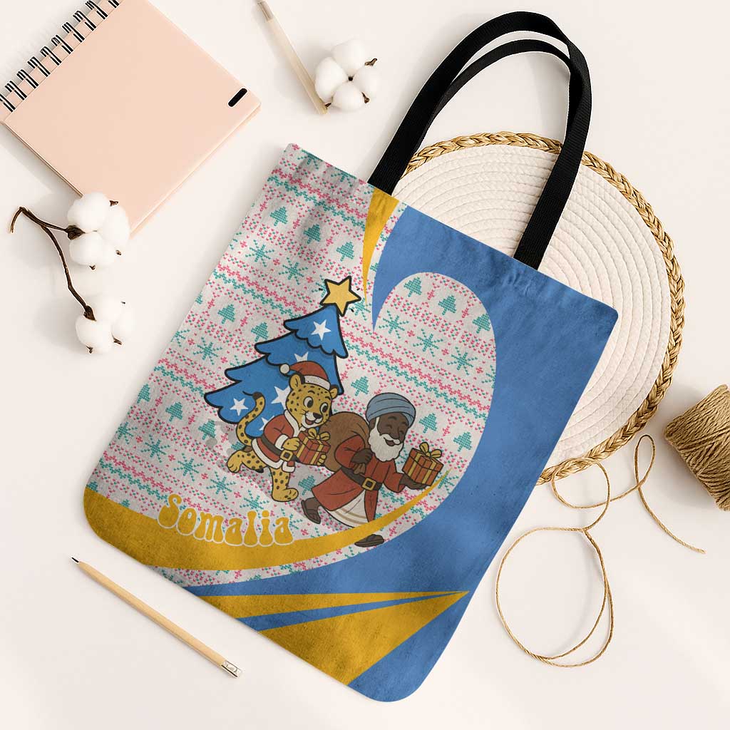 Somalia Christmas Tote Bag with Santa Cheetah Christmas Tree Village Scene and Festive Snowflake - Wonder Print Shop
