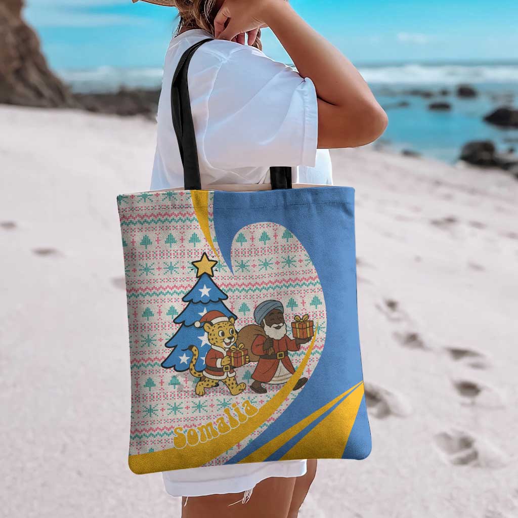 Somalia Christmas Tote Bag with Santa Cheetah Christmas Tree Village Scene and Festive Snowflake - Wonder Print Shop