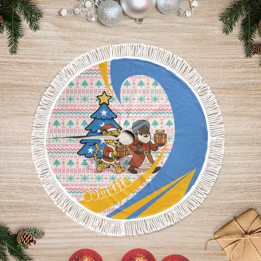 Somalia Christmas Tree Skirt with Santa Cheetah Christmas Tree Village Scene and Festive Snowflake - Wonder Print Shop