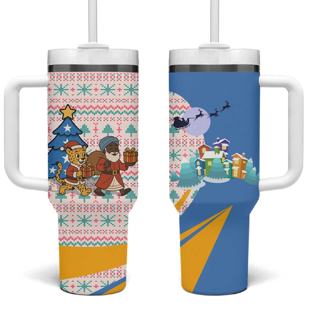 Somalia Christmas Tumbler With Handle with Santa Cheetah Christmas Tree Village Scene and Festive Snowflake - Wonder Print Shop