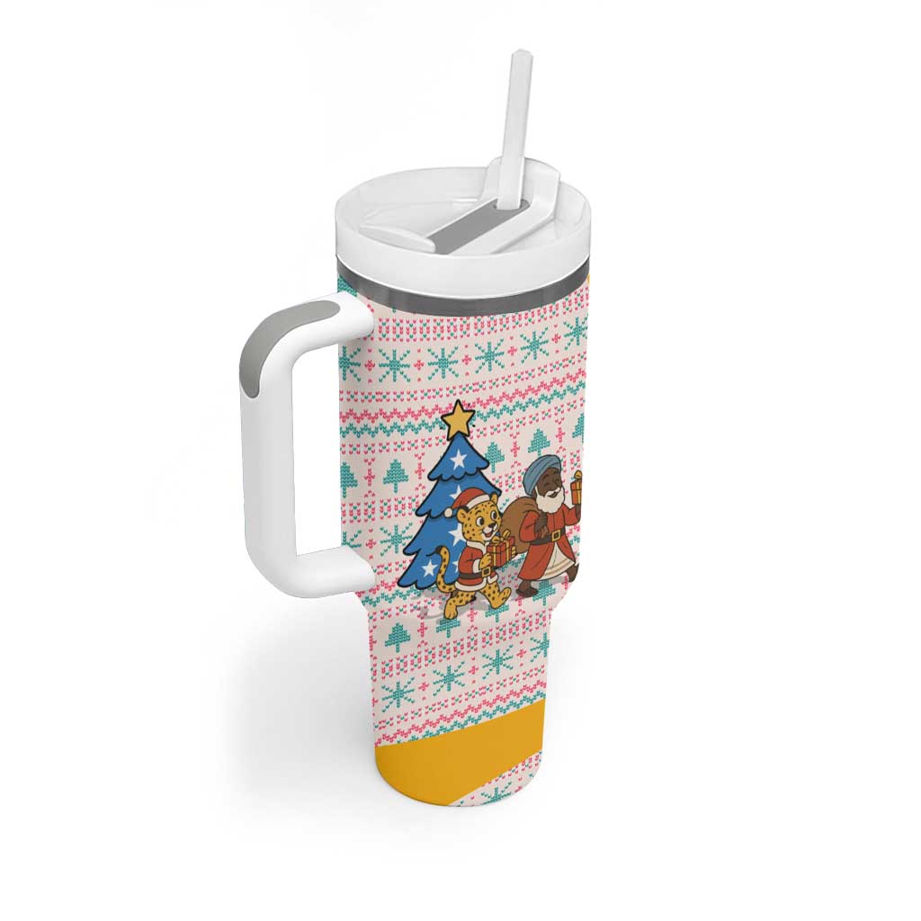 Somalia Christmas Tumbler With Handle with Santa Cheetah Christmas Tree Village Scene and Festive Snowflake - Wonder Print Shop