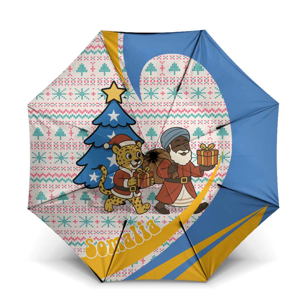 Somalia Christmas Umbrella with Santa Cheetah Christmas Tree Village Scene and Festive Snowflake - Wonder Print Shop
