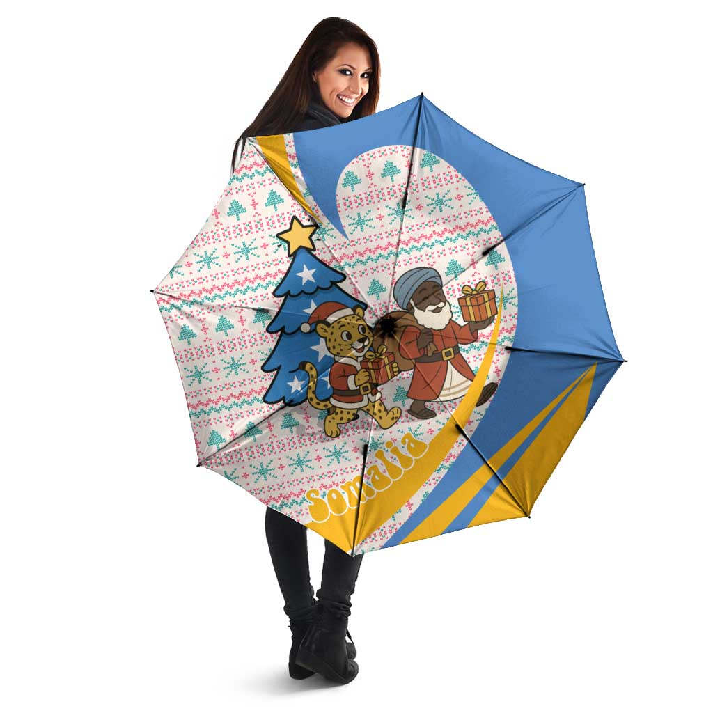 Somalia Christmas Umbrella with Santa Cheetah Christmas Tree Village Scene and Festive Snowflake - Wonder Print Shop