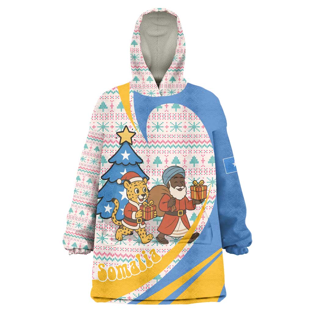 Somalia Christmas Wearable Blanket Hoodie with Santa Cheetah Christmas Tree Village Scene and Festive Snowflake - Wonder Print Shop
