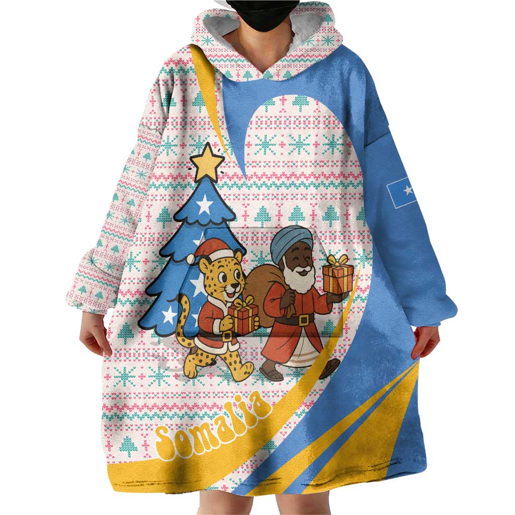 Somalia Christmas Wearable Blanket Hoodie with Santa Cheetah Christmas Tree Village Scene and Festive Snowflake - Wonder Print Shop