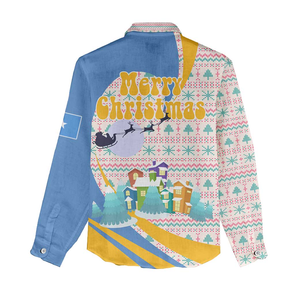 Somalia Christmas Women Casual Shirt with Santa Cheetah Christmas Tree Village Scene and Festive Snowflake - Wonder Print Shop
