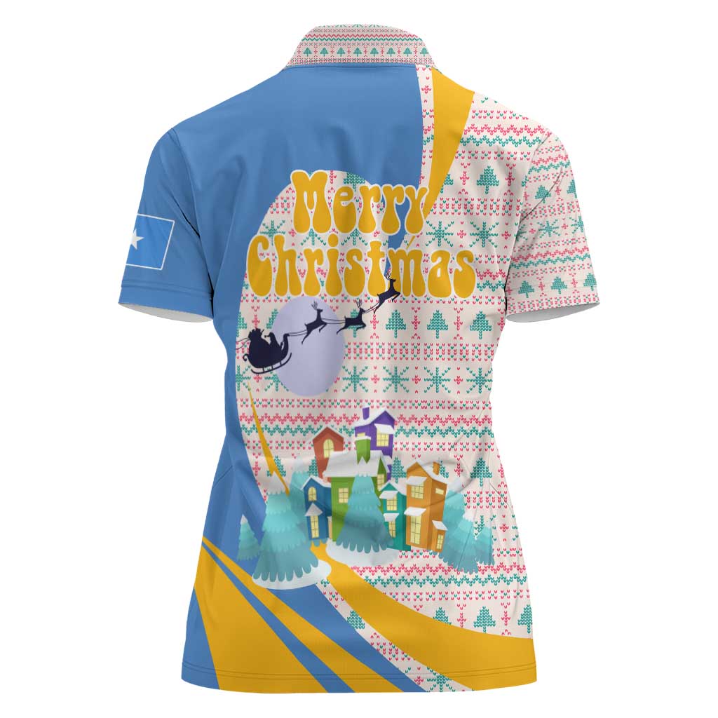 Somalia Christmas Women Polo Shirt with Santa Cheetah Christmas Tree Village Scene and Festive Snowflake - Wonder Print Shop
