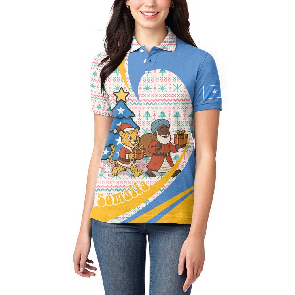 Somalia Christmas Women Polo Shirt with Santa Cheetah Christmas Tree Village Scene and Festive Snowflake - Wonder Print Shop