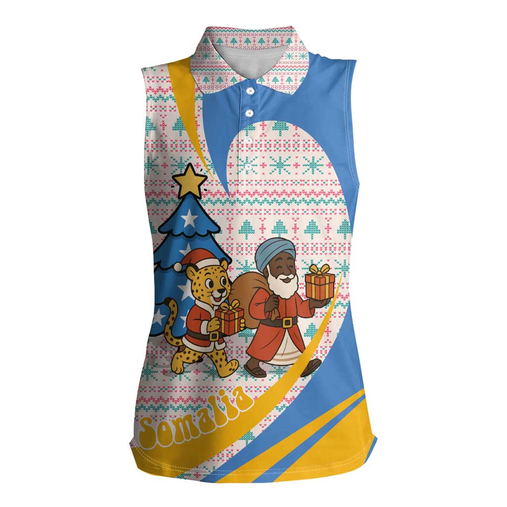 Somalia Christmas Women Sleeveless Polo Shirt with Santa Cheetah Christmas Tree Village Scene and Festive Snowflake - Wonder Print Shop