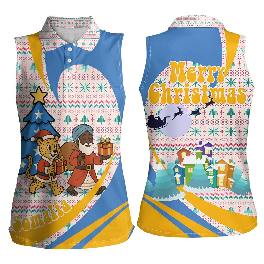 Somalia Christmas Women Sleeveless Polo Shirt with Santa Cheetah Christmas Tree Village Scene and Festive Snowflake - Wonder Print Shop