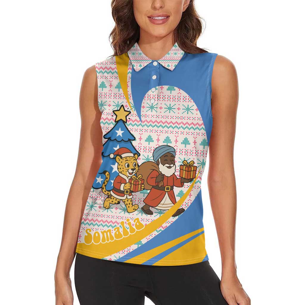 Somalia Christmas Women Sleeveless Polo Shirt with Santa Cheetah Christmas Tree Village Scene and Festive Snowflake - Wonder Print Shop