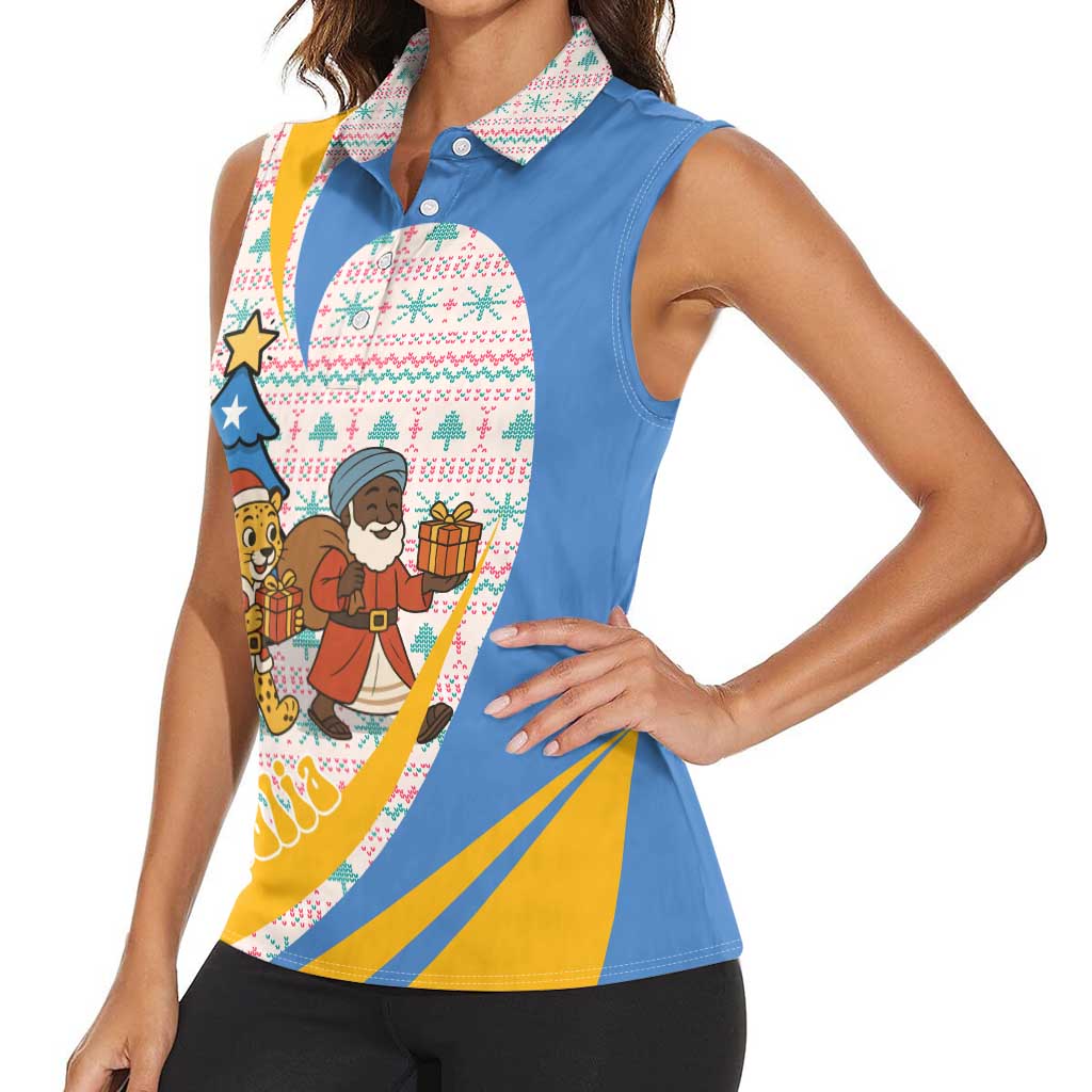 Somalia Christmas Women Sleeveless Polo Shirt with Santa Cheetah Christmas Tree Village Scene and Festive Snowflake - Wonder Print Shop