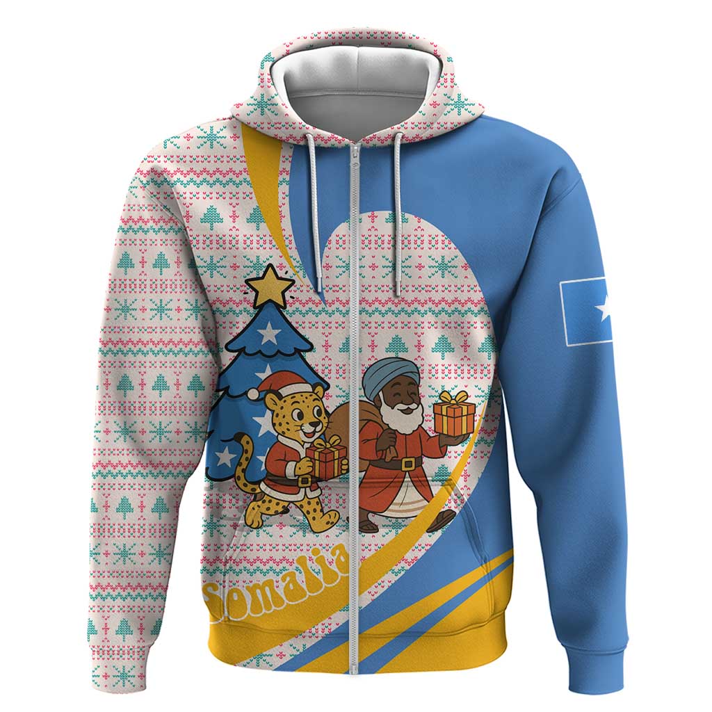 Somalia Christmas Zip Hoodie with Santa Cheetah Christmas Tree Village Scene and Festive Snowflake - Wonder Print Shop