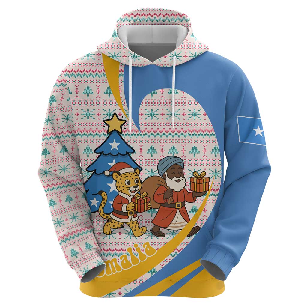 Somalia Christmas Zip Hoodie with Santa Cheetah Christmas Tree Village Scene and Festive Snowflake - Wonder Print Shop