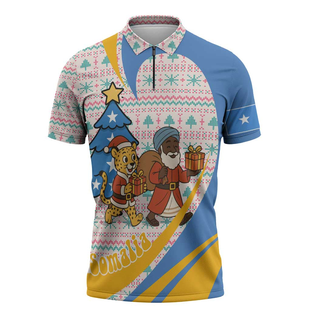 Somalia Christmas Zipper Polo Shirt with Santa Cheetah Christmas Tree Village Scene and Festive Snowflake - Wonder Print Shop