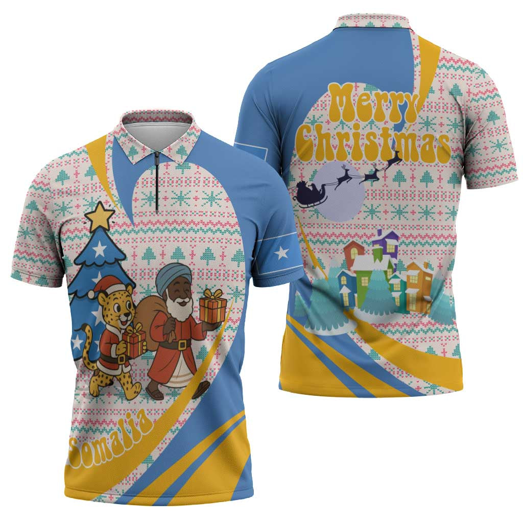 Somalia Christmas Zipper Polo Shirt with Santa Cheetah Christmas Tree Village Scene and Festive Snowflake - Wonder Print Shop
