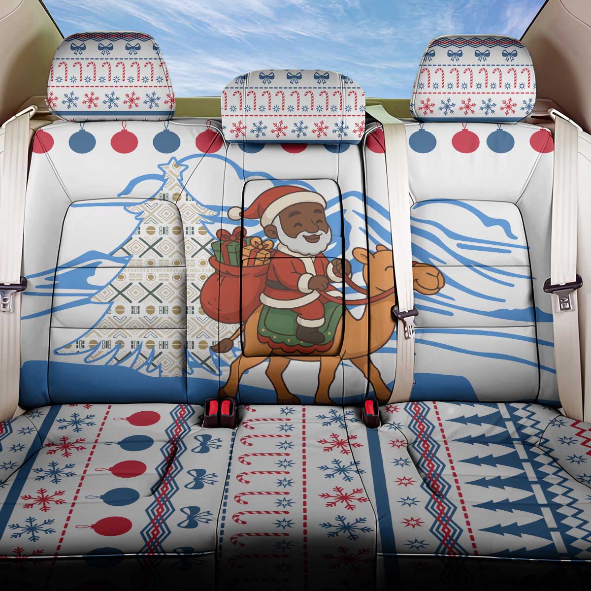 Somalia Christmas Back Car Seat Cover with Santa on Camel Christmas Tree Ornaments Candy Canes and Snowflake - Wonder Print Shop