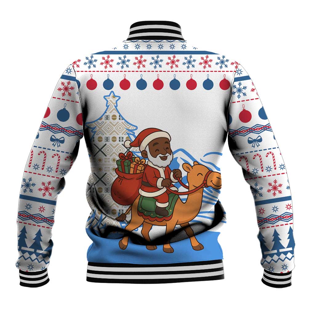 Somalia Christmas Baseball Jacket with Santa on Camel Christmas Tree Ornaments Candy Canes and Snowflake - Wonder Print Shop