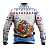 Somalia Christmas Baseball Jacket with Santa on Camel Christmas Tree Ornaments Candy Canes and Snowflake - Wonder Print Shop