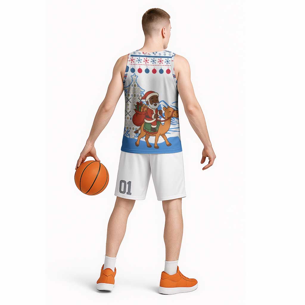 Somalia Christmas Basketball Jersey with Santa on Camel Christmas Tree Ornaments Candy Canes and Snowflake - Wonder Print Shop