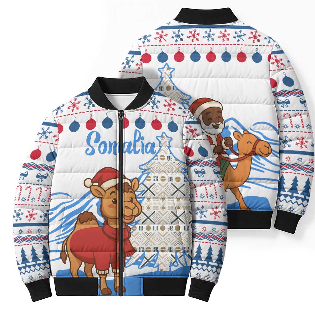 Somalia Christmas Bomber Puffer Jacket with Santa on Camel Christmas Tree Ornaments Candy Canes and Snowflake - Wonder Print Shop