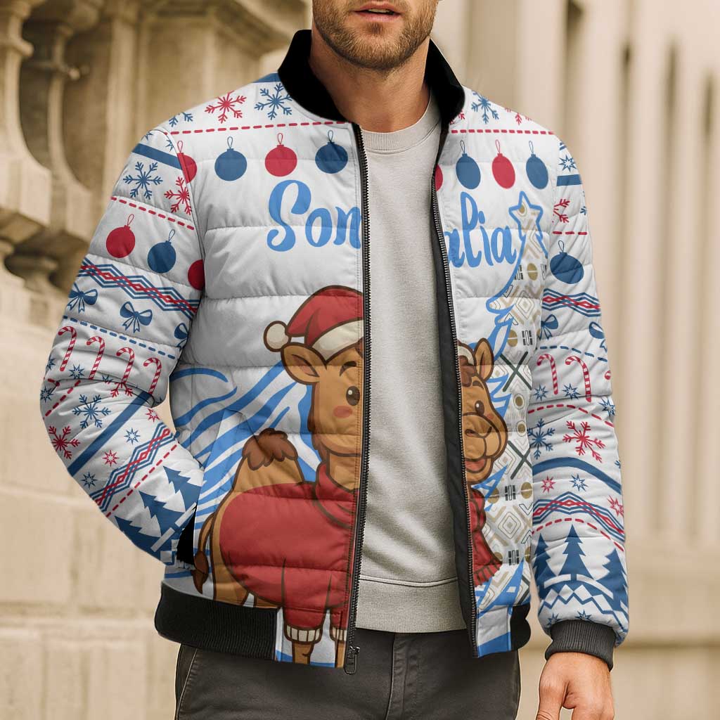 Somalia Christmas Bomber Puffer Jacket with Santa on Camel Christmas Tree Ornaments Candy Canes and Snowflake - Wonder Print Shop