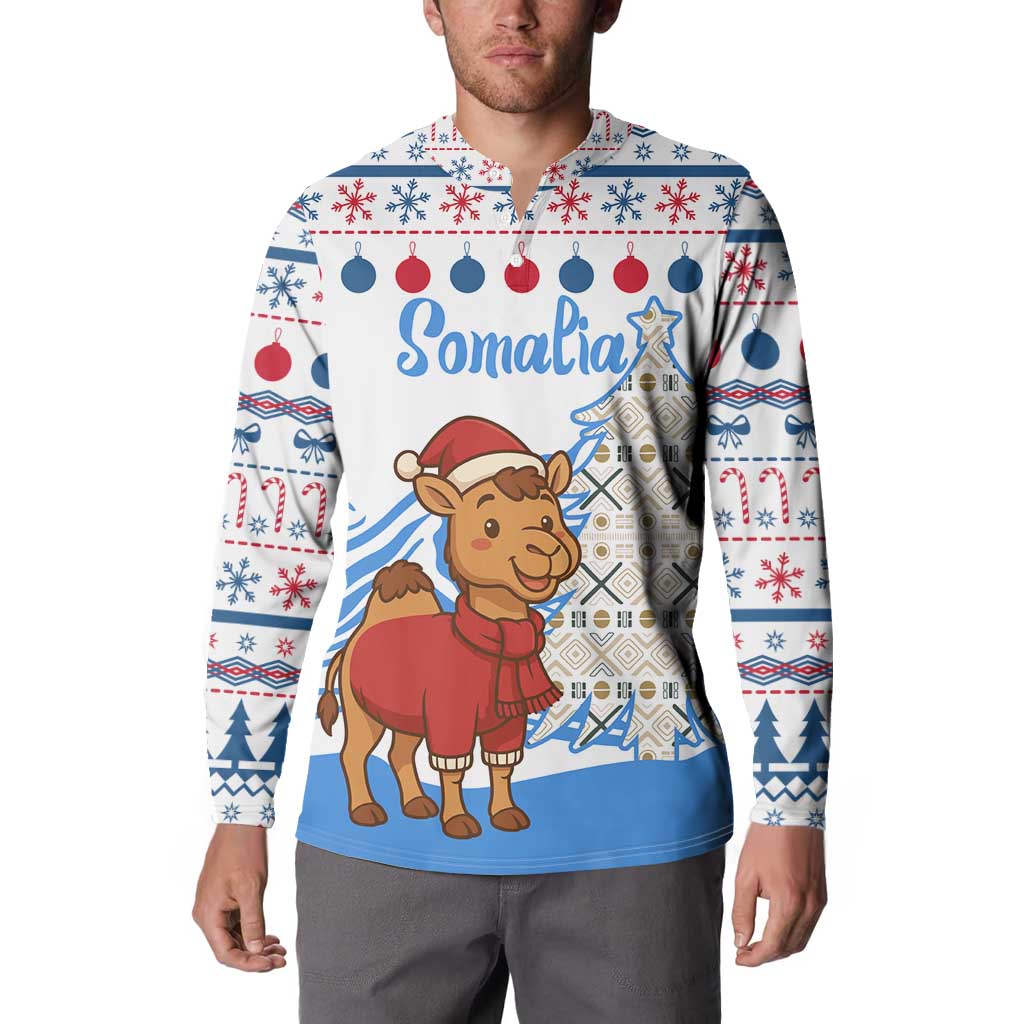 Somalia Christmas Button Sweatshirt with Santa on Camel Christmas Tree Ornaments Candy Canes and Snowflake - Wonder Print Shop