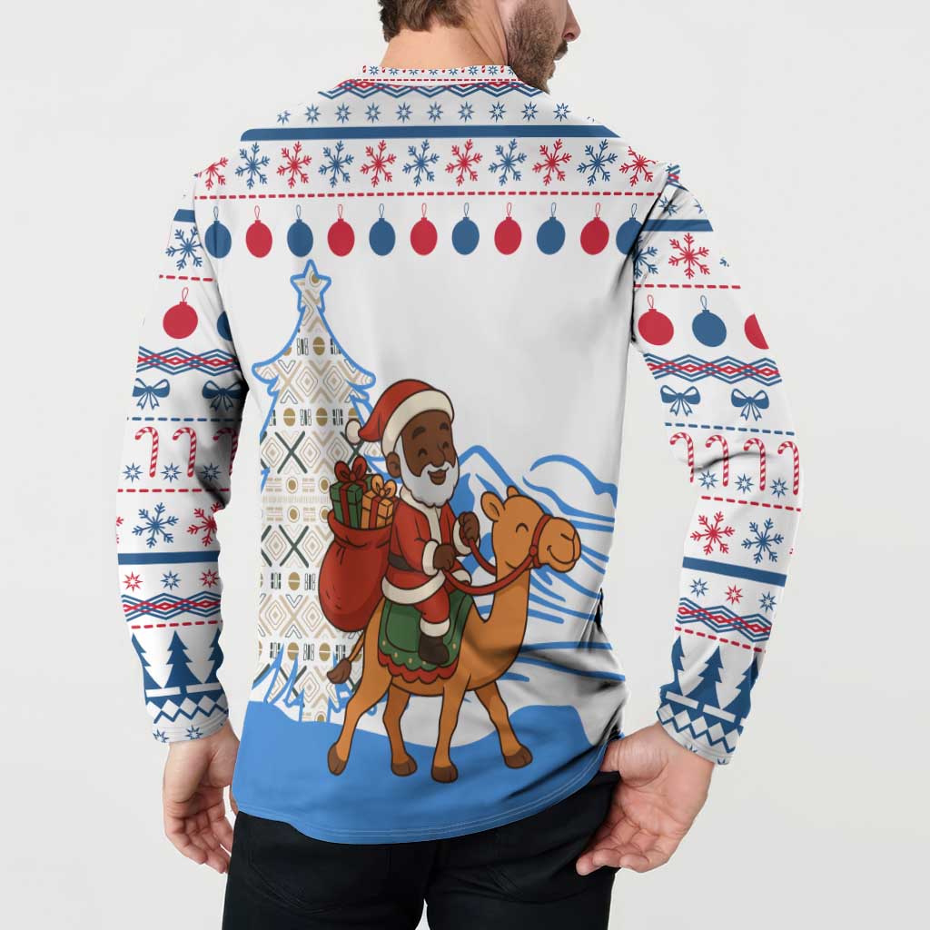 Somalia Christmas Button Sweatshirt with Santa on Camel Christmas Tree Ornaments Candy Canes and Snowflake - Wonder Print Shop