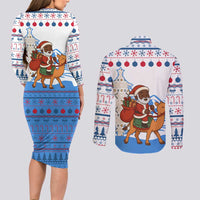 Somalia Christmas Couples Matching Long Sleeve Bodycon Dress and Long Sleeve Button Shirt with Santa on Camel Christmas Tree Ornaments Candy Canes and Snowflake - Wonder Print Shop