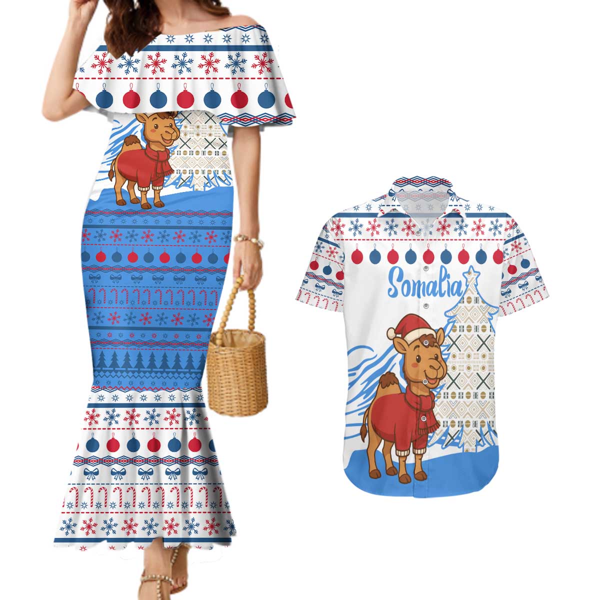Somalia Christmas Couples Matching Mermaid Dress and Hawaiian Shirt with Santa on Camel Christmas Tree Ornaments Candy Canes and Snowflake - Wonder Print Shop