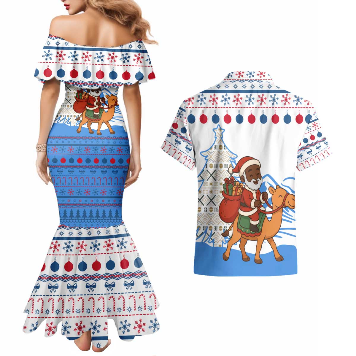 Somalia Christmas Couples Matching Mermaid Dress and Hawaiian Shirt with Santa on Camel Christmas Tree Ornaments Candy Canes and Snowflake - Wonder Print Shop