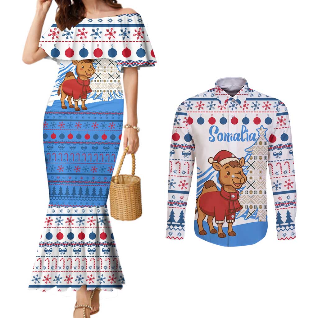 Somalia Christmas Couples Matching Mermaid Dress and Long Sleeve Button Shirt with Santa on Camel Christmas Tree Ornaments Candy Canes and Snowflake - Wonder Print Shop