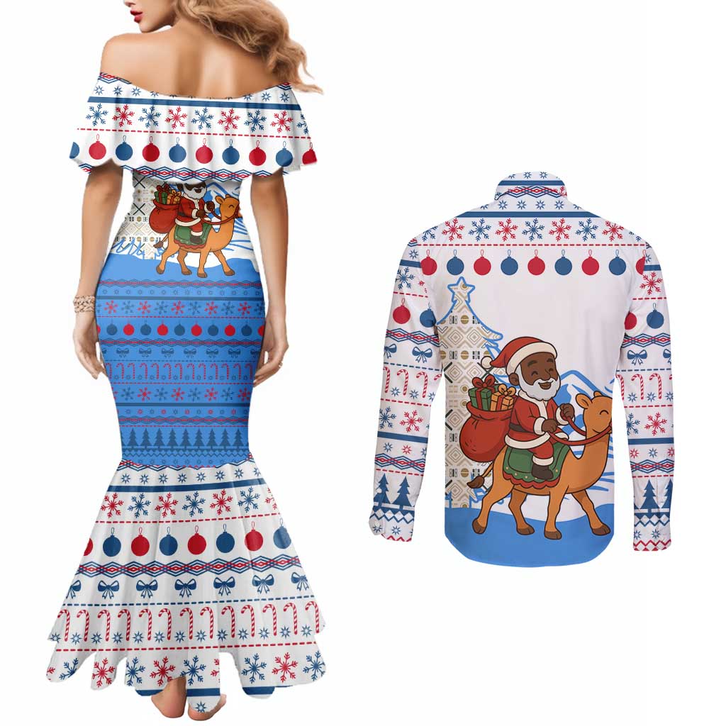 Somalia Christmas Couples Matching Mermaid Dress and Long Sleeve Button Shirt with Santa on Camel Christmas Tree Ornaments Candy Canes and Snowflake - Wonder Print Shop